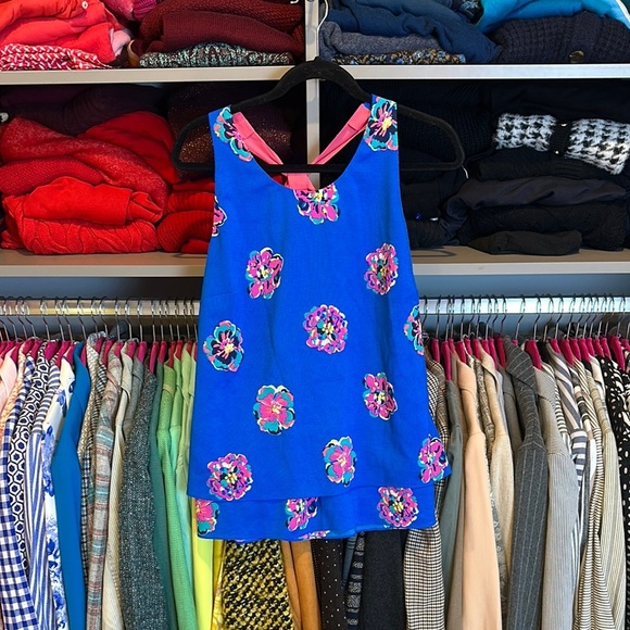 Lily Pulitzer blue and pink floral print halter neck double layer top size L - Picture 1 of 3